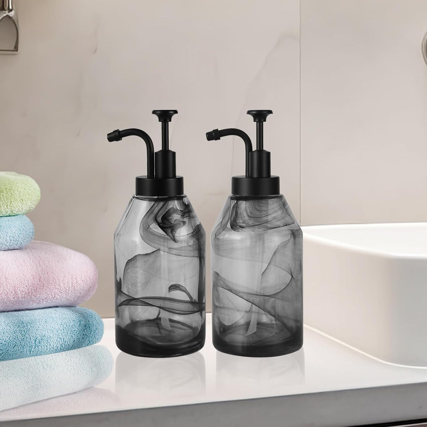 2 Pack Thick Marble Glass Soap Dispenser with Smooth-action Pump,12.5 oz Decorative Black Hand Soap Dispensers Set for Bathroom&Kitchen,Luxury Dispenser for Liquid Dish Soap,Lotion,Coffee Syrup