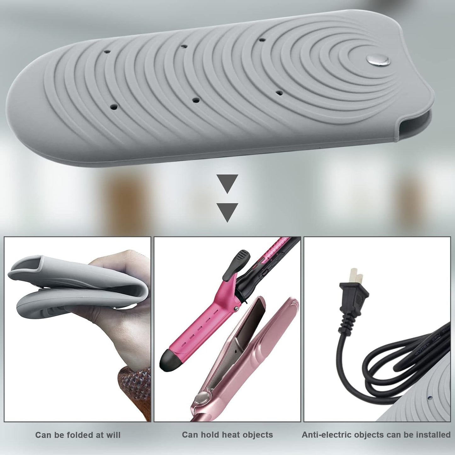 Heat Resistant Silicone Mat Pouch for Hair Styling Tools, Curling and Flat Irons Non-Slip Travel Cover, Small Portable Straightener Pad for Curler Wands Storage, Hot Waver (Grey)