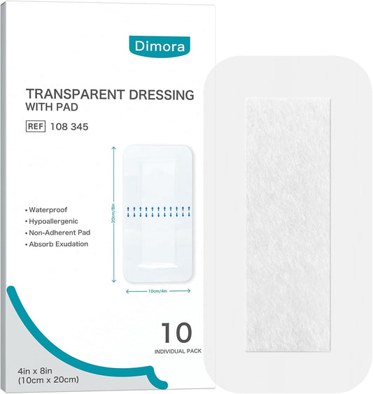 Dimora Waterproof Transparent Film Dressing with Pad, Large Clear Bandage Tape for Wound Care, Adhesive Post Surgical Cover Pad,for IV Shield, Tattoo Aftercare, Shower Protector 4x8 inch 10 Packs