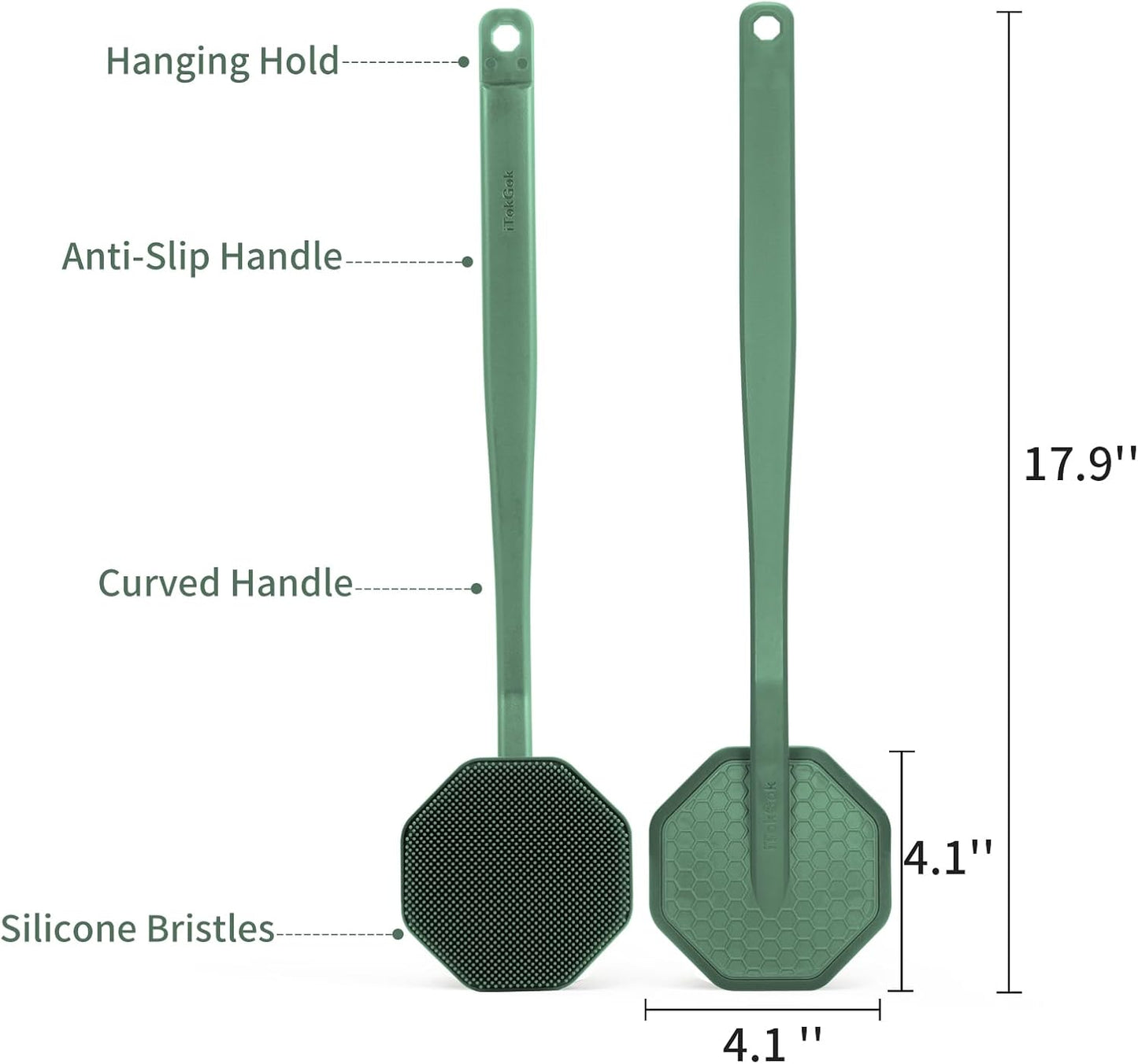 iTokGoK® Silver-Infused Silicone Back Scrubber with Long Handle Back Brush for Shower,Back Brush Long Handle for Men and Women,Ergonomic No-Slip Handle, Long-Lasting (Midnight Green)