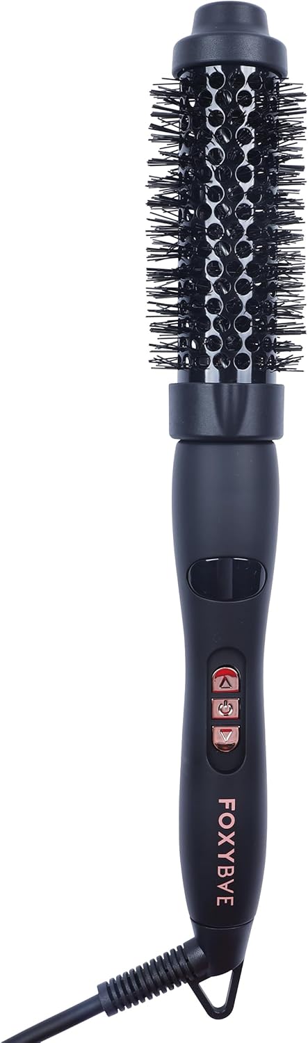 FoxyBae Curling Round Brush 1.25" - Heated Ceramic Tourmaline Multi-Styler Thermal Hair Straightener & Curler - for Frizz Free and Voluminous Hair (Black Rose-Gold)