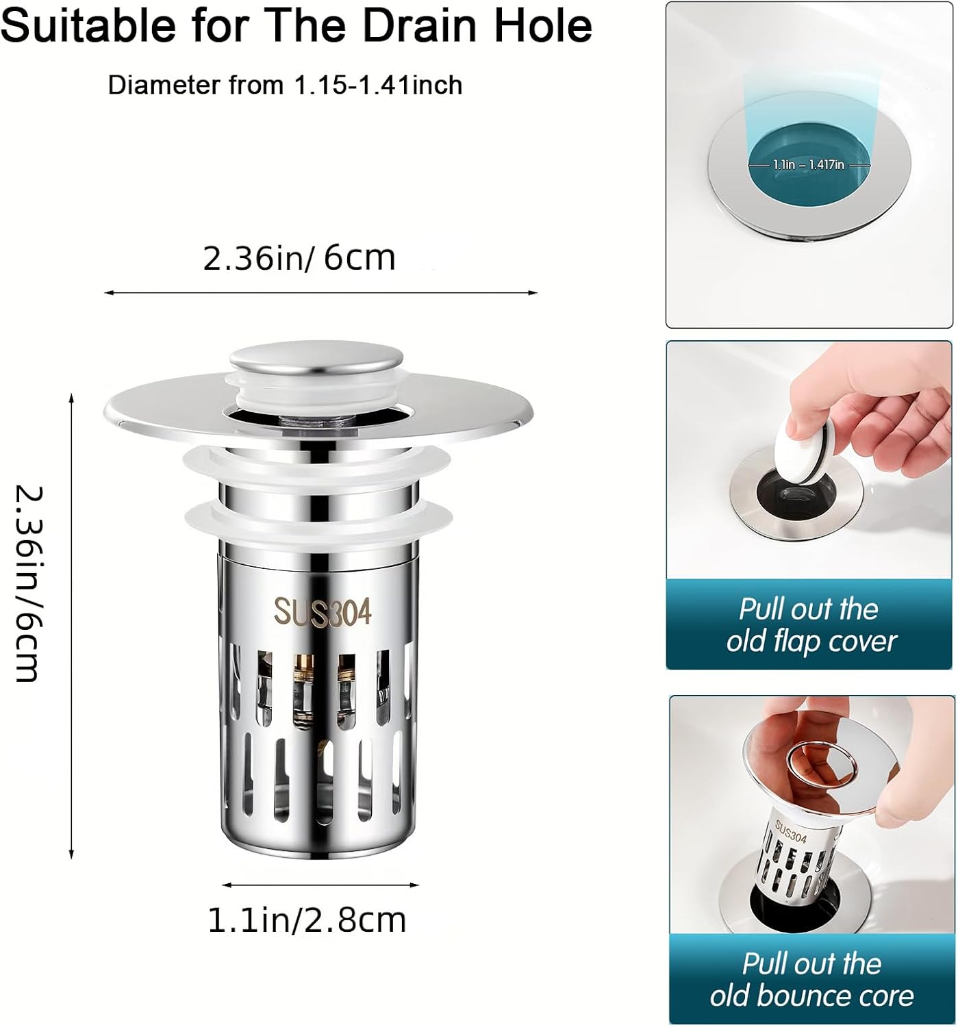 Bathroom Sink Stopper Hair Catcher, Pop-up Sink Drain Strainer with Removable Stainless Steel Strainer Basket Hair Catcher, Universal Drain Filter for Bathroom Sink Stopper Replacement (1PCS)