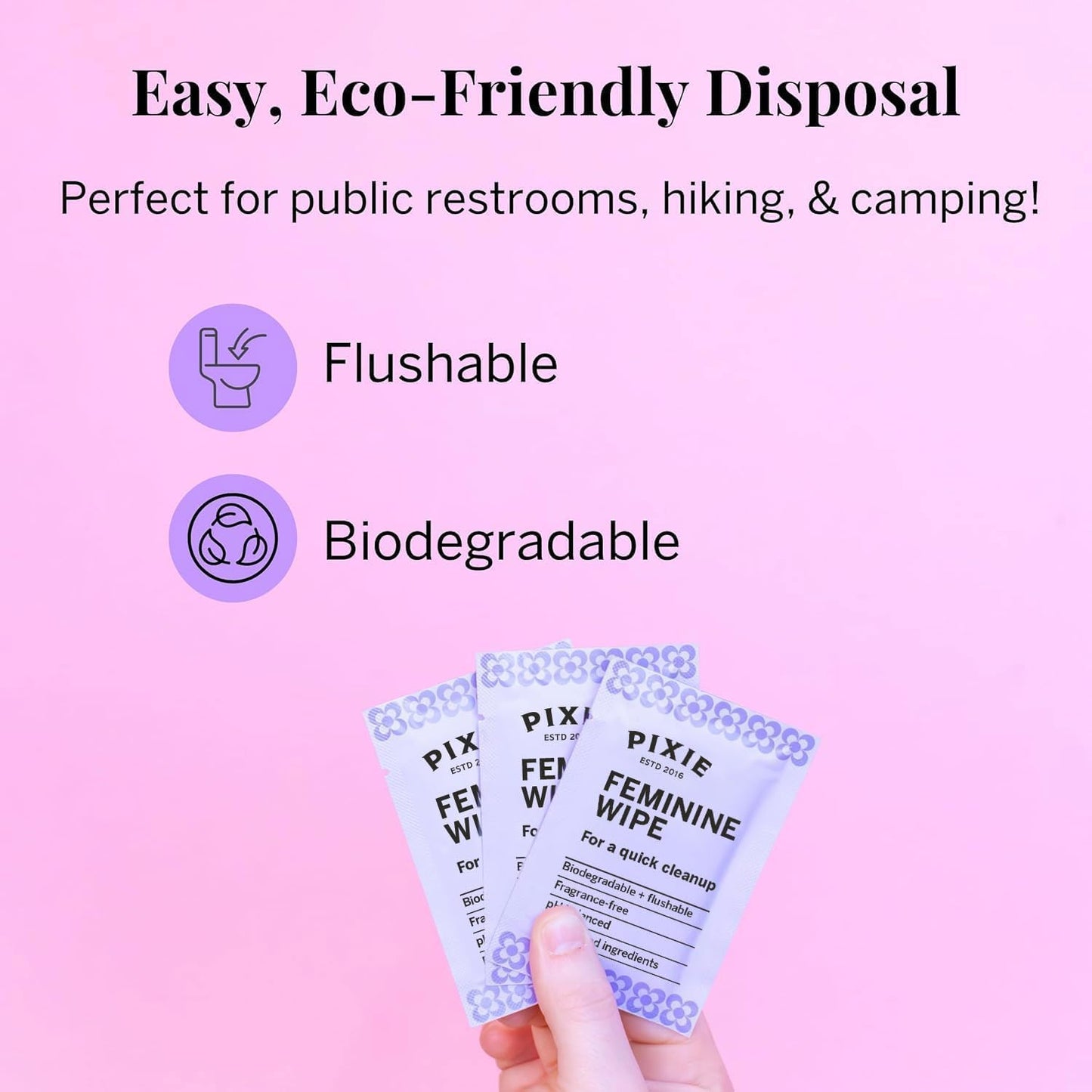 Pixie Feminine Wipes - Flushable, Biodegradable, & Ph Balanced - Best Individually Wrapped Packet Wipes for On The Go & Public Bathrooms - Wash, & Cleaner For Your Menstrual Cups & Discs (10 Count)