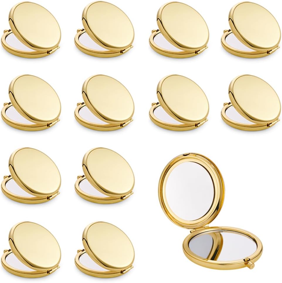 Compact Mirror, Pocket Travel Makeup Mirror for Purse, Metal Round Shell, 2-Sided 1X/2X Magnifying, Portable, Folding, Handheld, Gold, 12 Pack