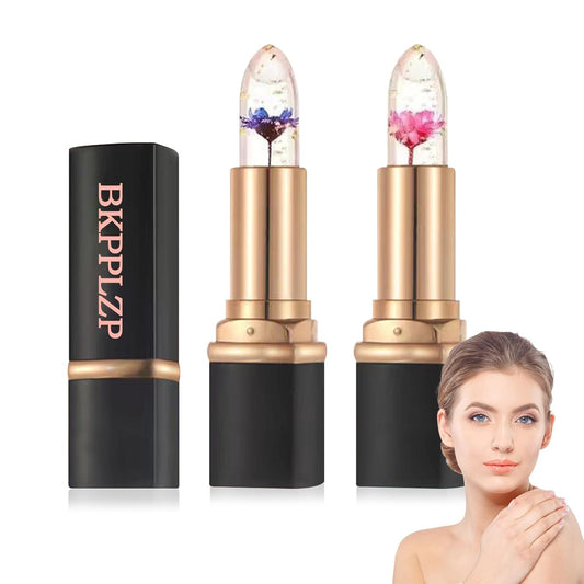 2 Pack Crystal Flower Jelly Lipstick,Magic Color Changing Lipstick,PH Clear Temperature Color Changing Lip Gloss,Lip Balm,Long Lasting Nourishing Moisturizing Lip Stick Set X01+02