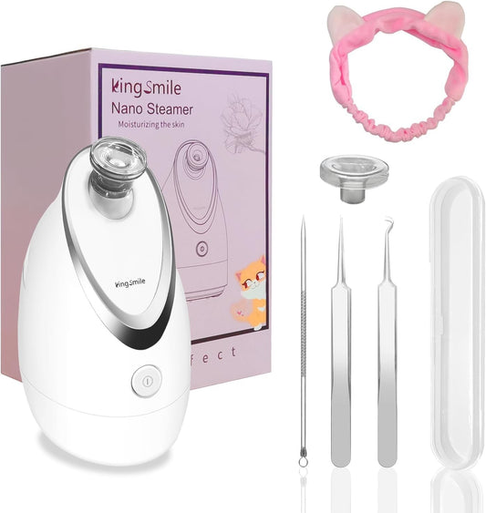 Kingsmile Facial Steamer, 3 in 1 Face Steamer for Facial,Compact NanoSteamer with Aromatherapy,Face Humidifier - Adjustable Nozzle, Warm Mist Steamer for Home SPA, Stainless Steel Skin Kit & Headband
