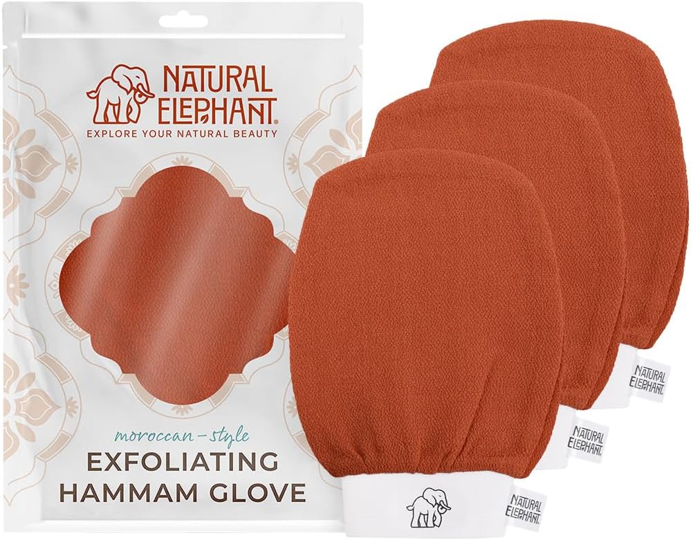 Natural Elephant Exfoliating Hammam Glove | Authentic Moroccan Kessa Body Scrub Mitt for Spa-Quality Skin Renewal | Burnt Orange Pack of 3