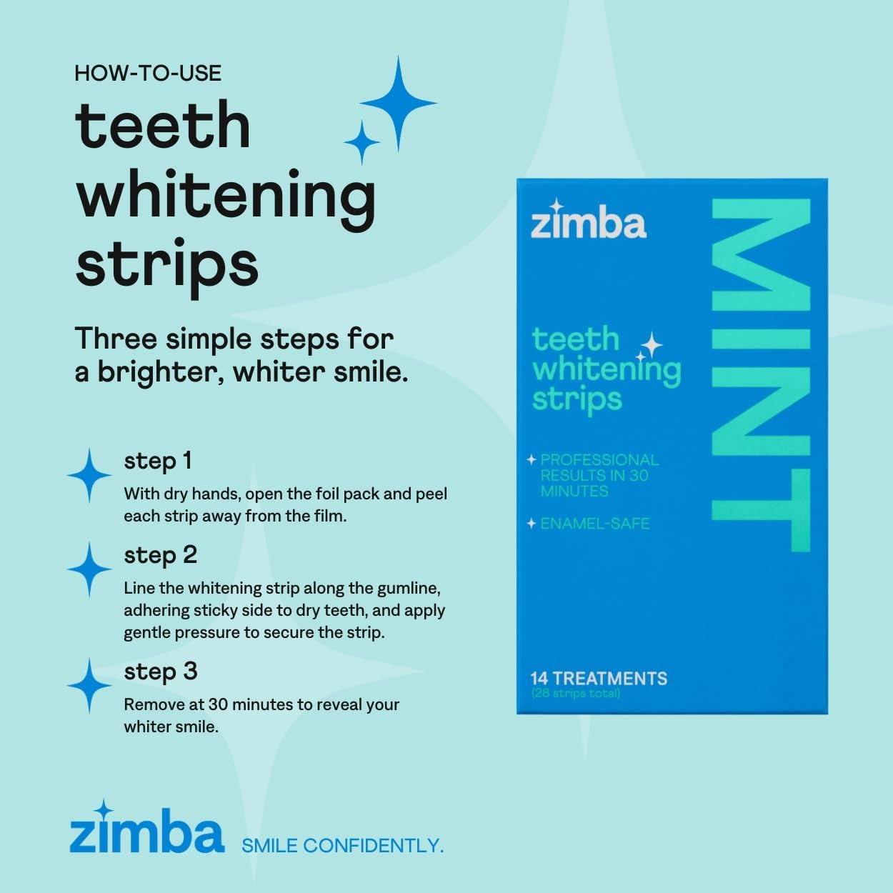 Zimba Teeth Whitening Strips for Teeth Sensitive, White Strips for Teeth Whitening, Teeth Whitener Stain Remover 28 White Strips Included Per Pack, 2 Pack (14 Day Treatment), Mint and Spearmint
