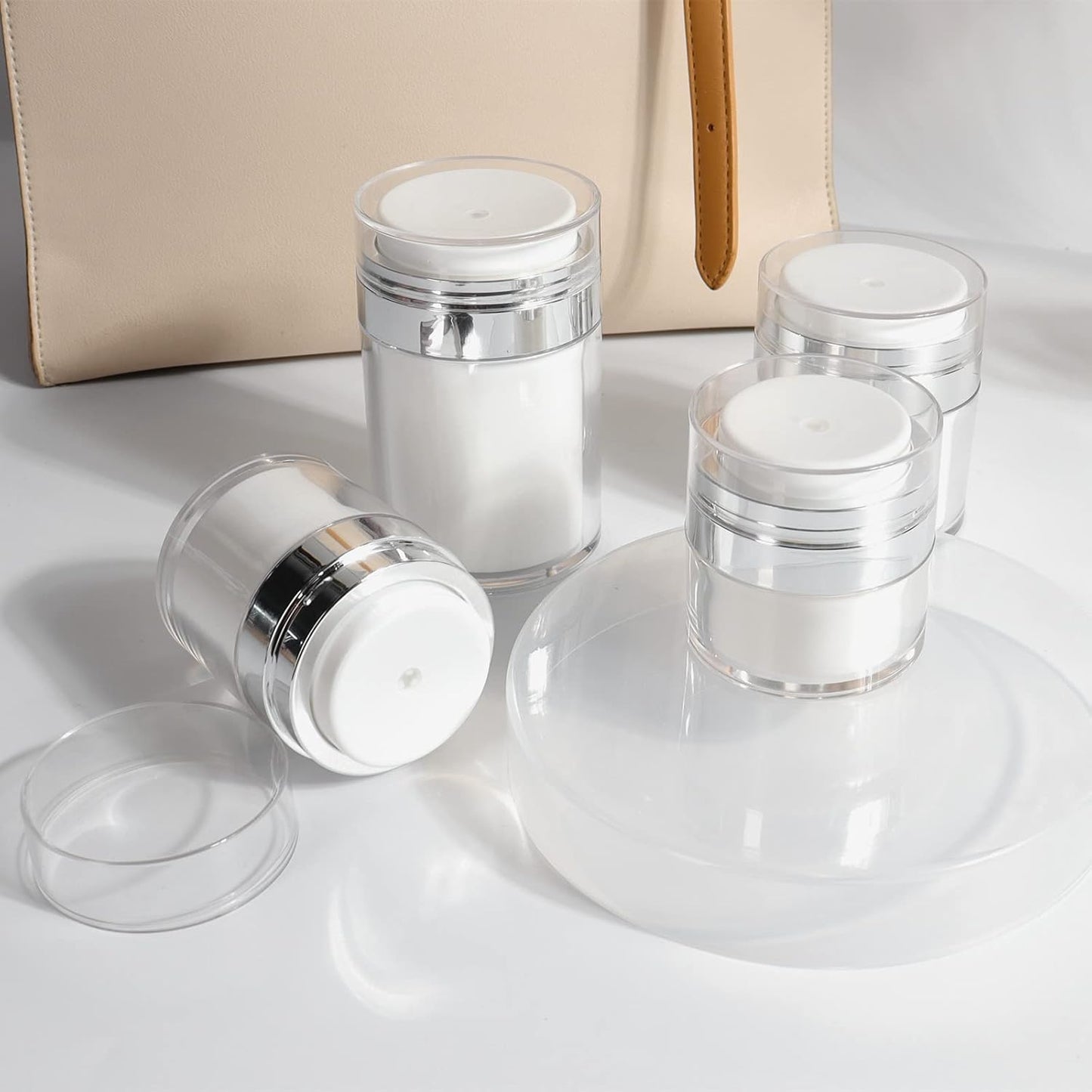 3Pack 3.5Oz Airless Pump Jars Lotion Container, Pump Bottle Dispenser Moisturizer Containers, Empty Makeup Bottle Cosmetic Jar