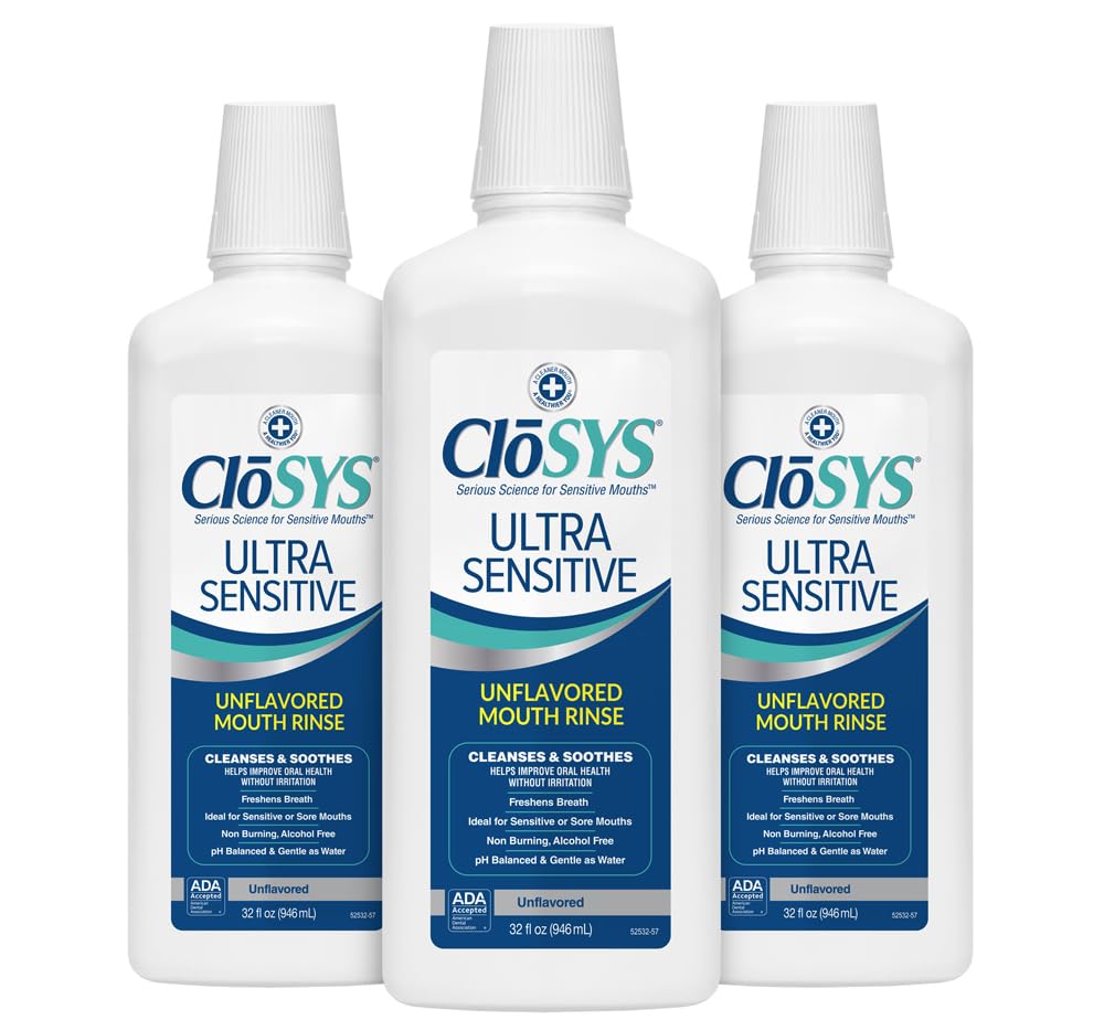 CloSYS Ultra Sensitive Mouthwash, Unflavored Alcohol Free, Dye Free, pH Balanced, Helps Soothe Entire Mouth - 32 Oz (Pack of 3)