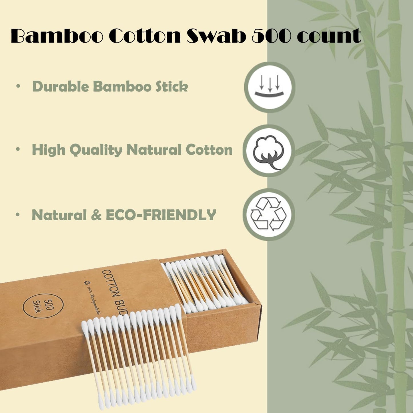 Natural Bamboo Cotton Swabs For Home & Beauty Care, Dual Round Tips,Eco-Friendly Paper Pack 500 Count