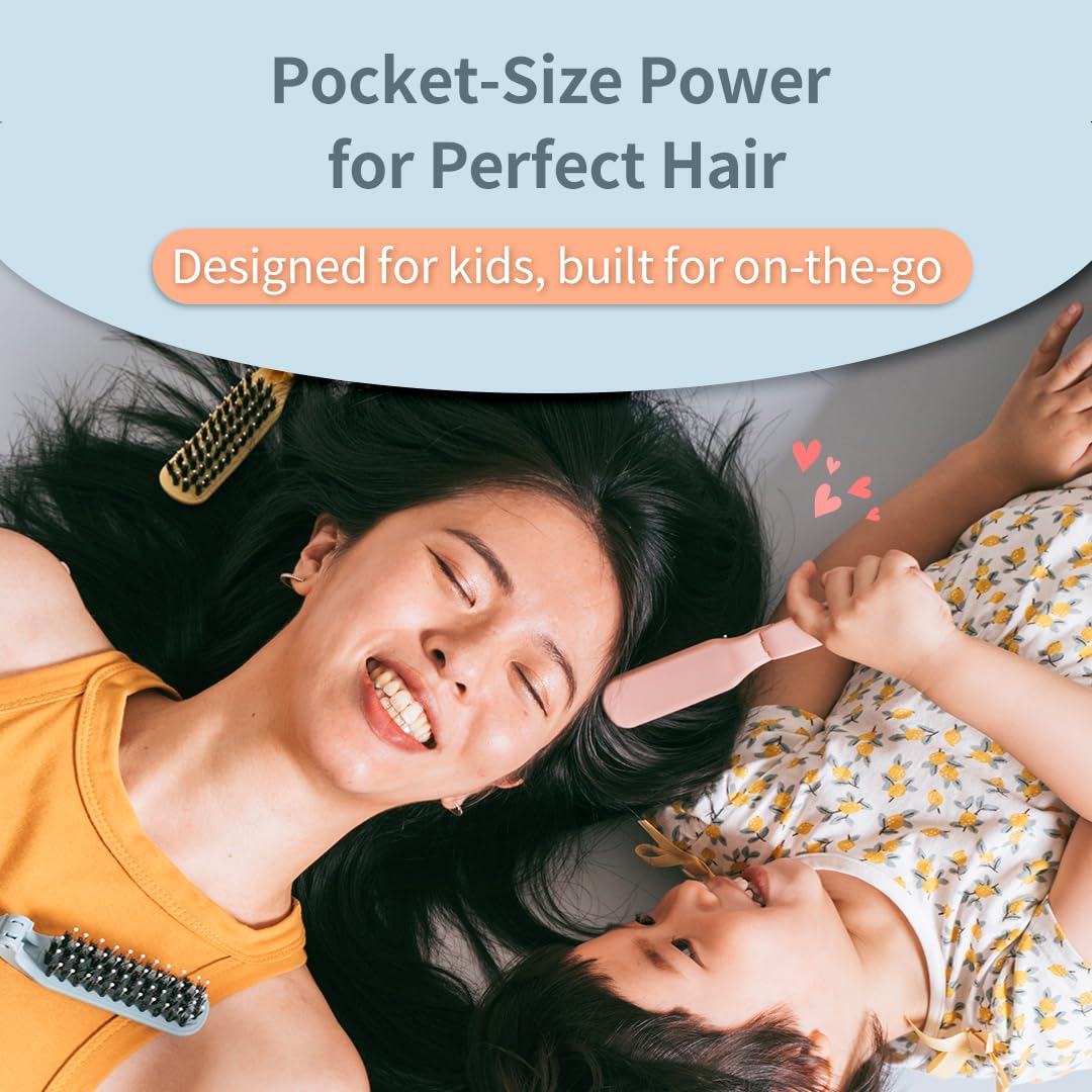 Uffy MiniPop Travel Hair Brush – Mini Folding Boar Bristles for Women, Men & Kids | Kid-Friendly Compact Comb for Wet & Dry Hair, Curly or Straight | Pocket-Size Detangler - Coral Pink on Soft Grey