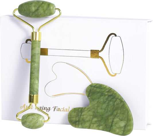 Jade Roller Gua Sha Tools - Nature Gua Sha Facial Tool Skin Tightening Face Massager Anti-Aging Jade Face Roller Puffiness Reducing Guasha Stone for Women Men