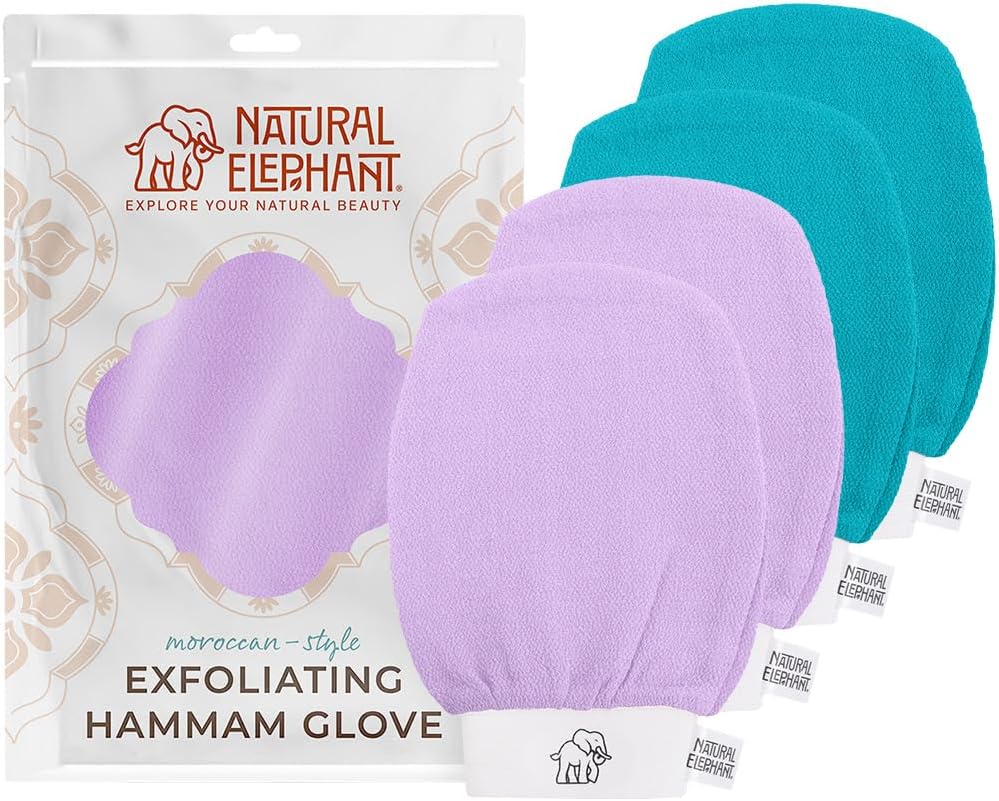 Natural Elephant Exfoliating Kessa Glove - Face and Body Exfoliator Hammam Mitt (2 Lilac and 2 Teal (Pack of 4))