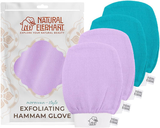 Natural Elephant Exfoliating Kessa Glove - Face and Body Exfoliator Hammam Mitt (2 Lilac and 2 Teal (Pack of 4))
