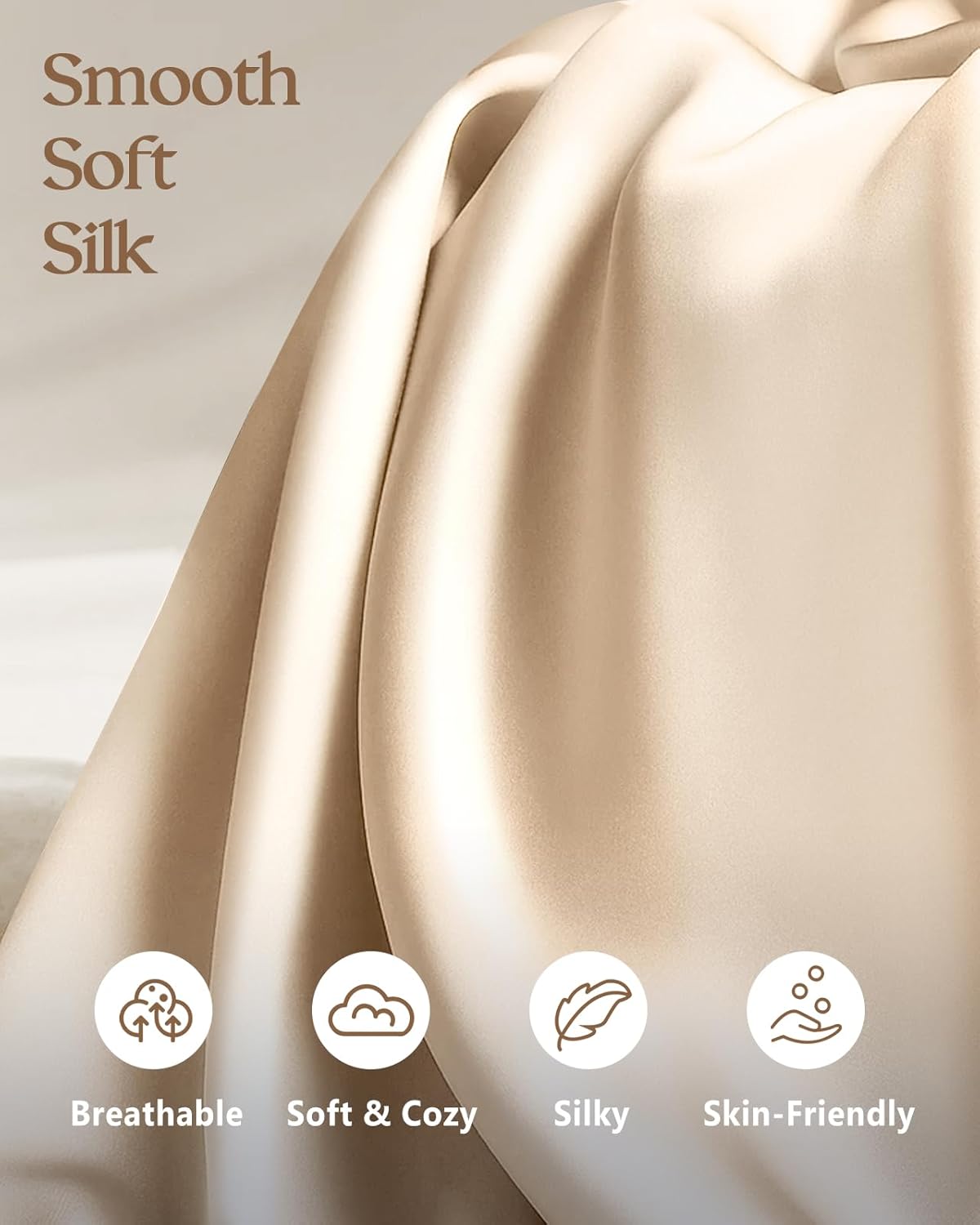 Silk Pillowcase 2 Pack - Pillow Cases Queen Set of 2 Size 20" x 30" for Hair and Skin Smooth Soft Breathable with Hidden Zipper Cooling Pillow Covers for Sleeping Women, Beige