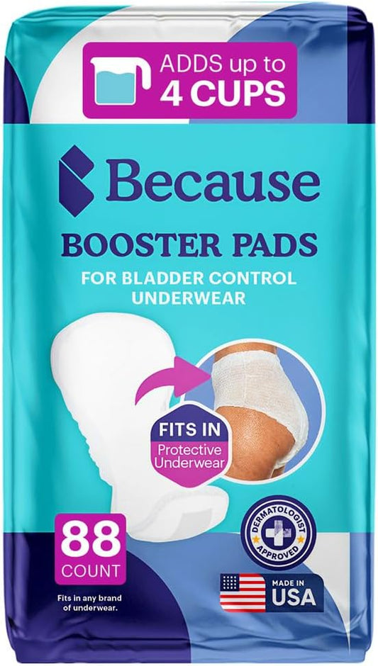 Because Overnight Incontinence Booster Pads for Men and Women, Adds Extra Absorbency to Adult Diapers, Super Soft, Adhesive Strip Backing, Unisex, 88 Count (4 Packs of 22)
