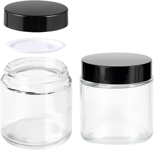 4 oz Glass Jars with Lids, Hoa Kinh 2 Pack Clear Small Glass Jars with Black Lids Empty Cosmetic Containers Airtight Round Glass Jar for Lotions, Powders and Ointments