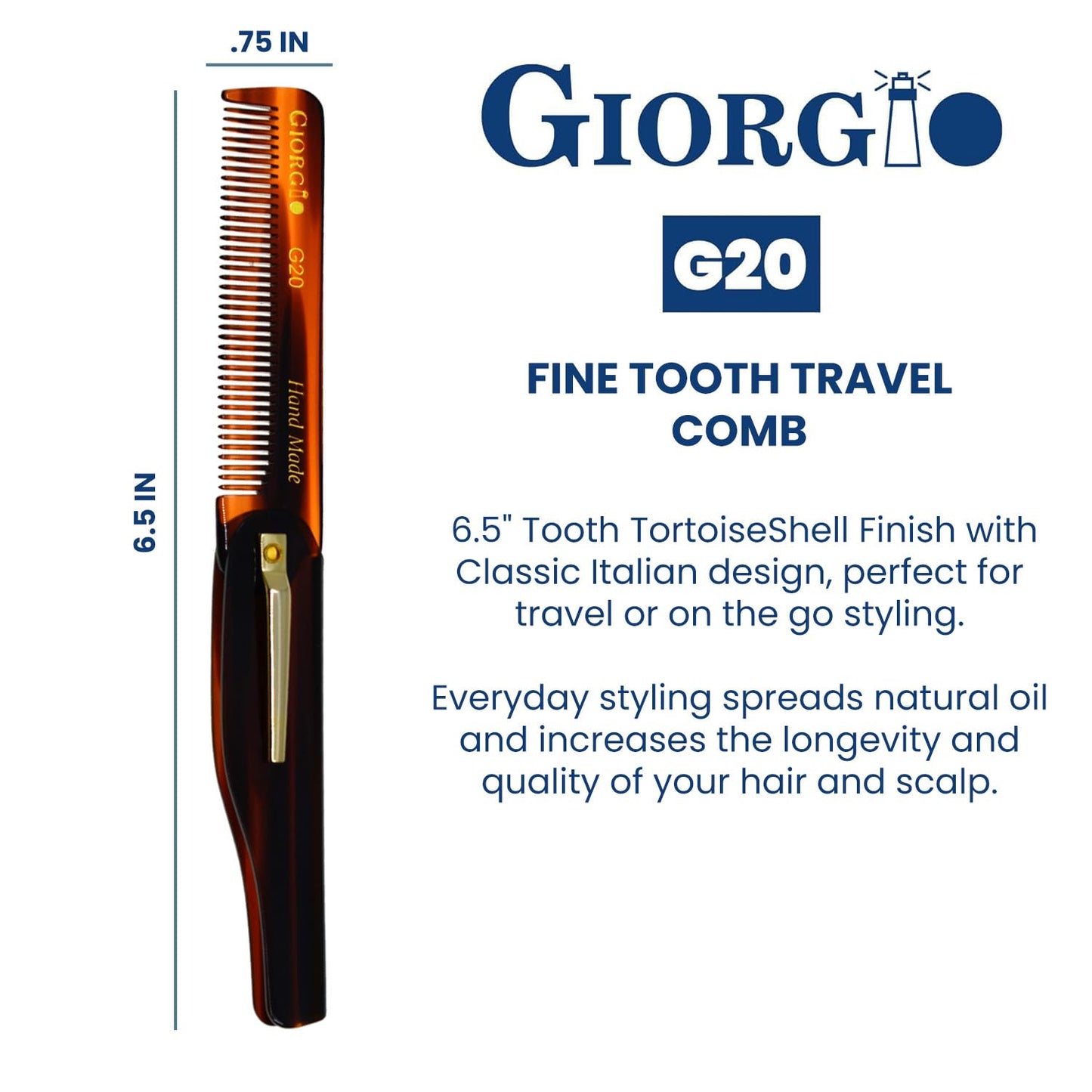 Giorgio G20 Folding Mustache and Beard Comb 6.5 Inch - Fine Tooth Travel Comb for Everyday Styling and Hair Care - Handcrafted Sawcut and Hand Polished (Tortoiseshell)