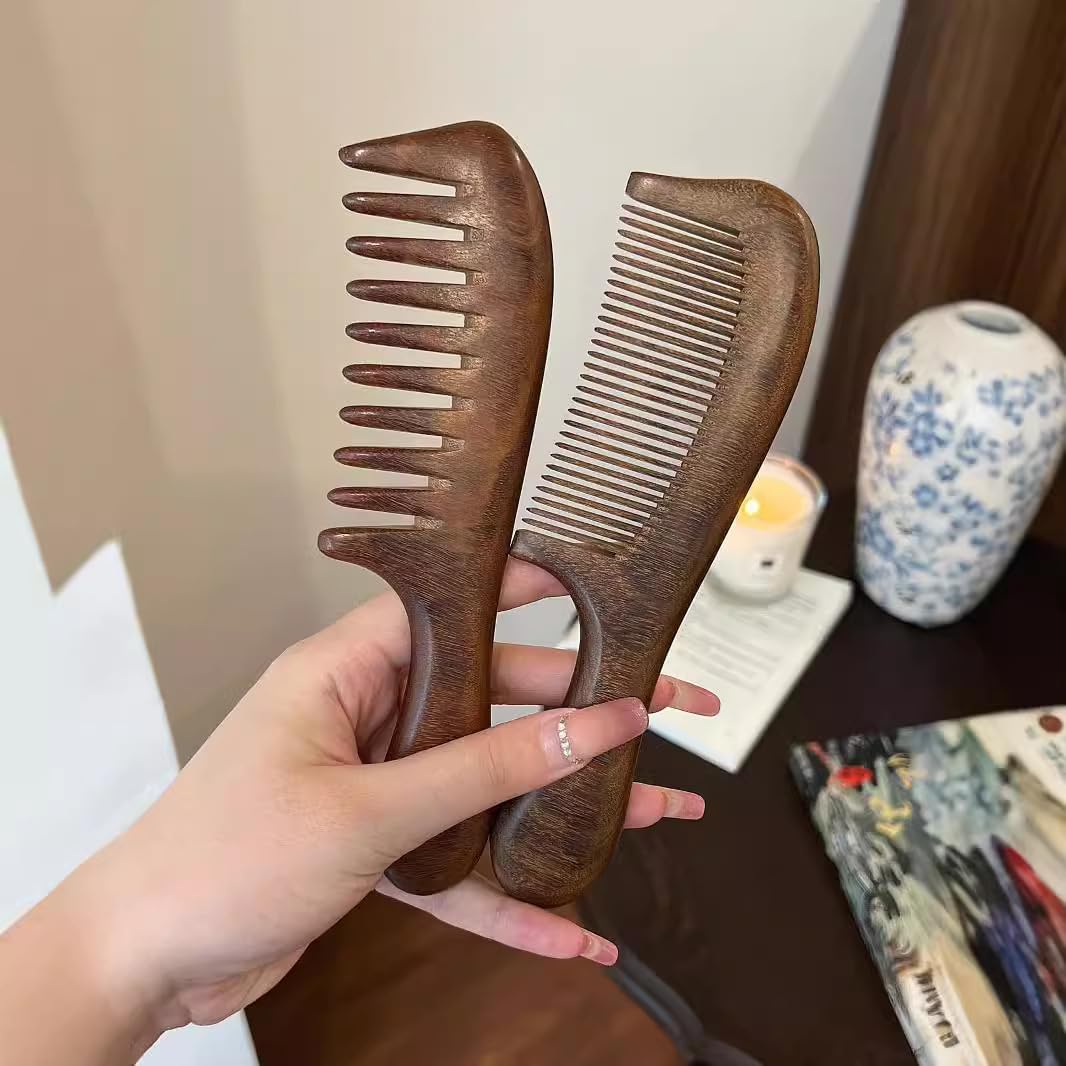 Walnut Wood Hair Comb, Wooden Comb with Handle, Walnut Wood Hair Comb, Natural Seamless Wood Comb,Walnut/Sandalwood Wide Tooth Curly Hair Comb, Anti-static Comb, for Women Men. (Long tooth comb 2PCS)