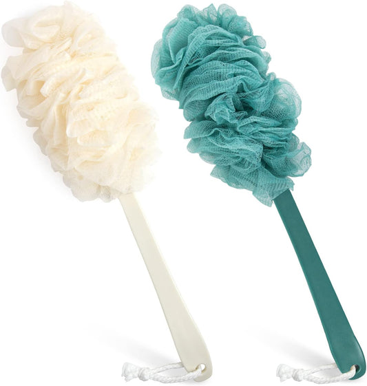 2Pack Back Scrubber for Shower,PIPUHA Loofah Sponge Shower Brush Using Body Exfoliating with Long Handle, Loofah on a Stick for Men Women, Bathing Accessories for Body Brushes (Blue and White)