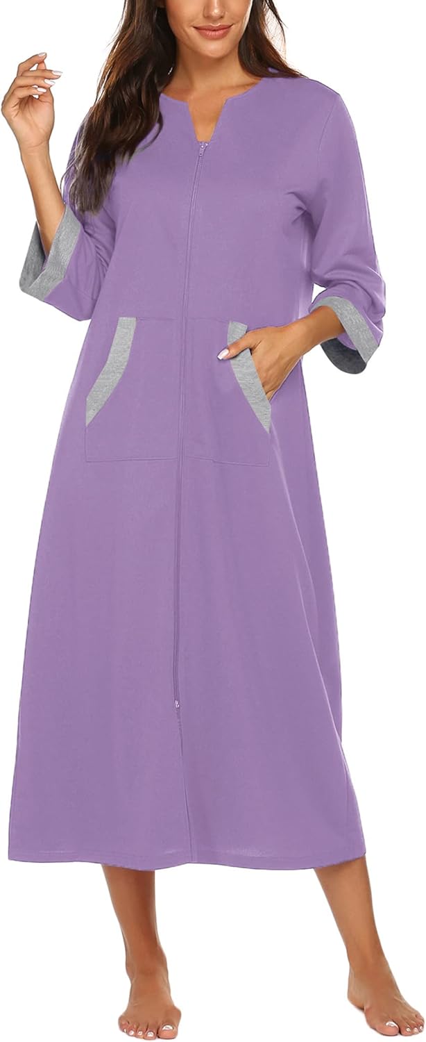 Ekouaer Women Zipper Robe 3/4 Sleeves Loungewear Dress Full Length Sleepwear Pockets Housecoat Nightgown Long Bathrobe