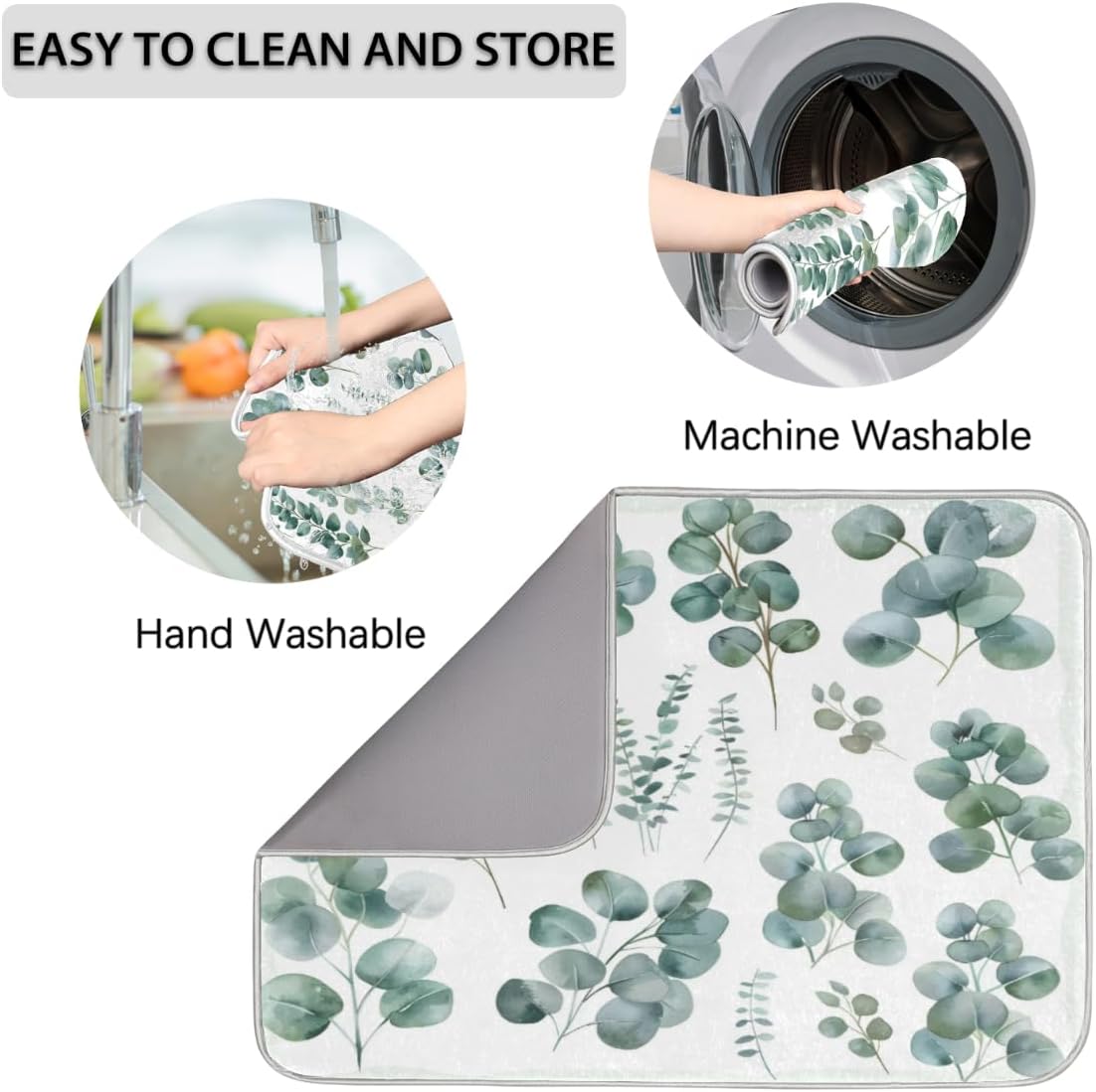 Hexteria Dish Drying Mat for Kitchen Counter Dish Mat Pad Absorbent Microfiber Kitchen Drying Mat Dish Drainer Rack Mat, 16x18 Inch, Eucalyptus Leaves