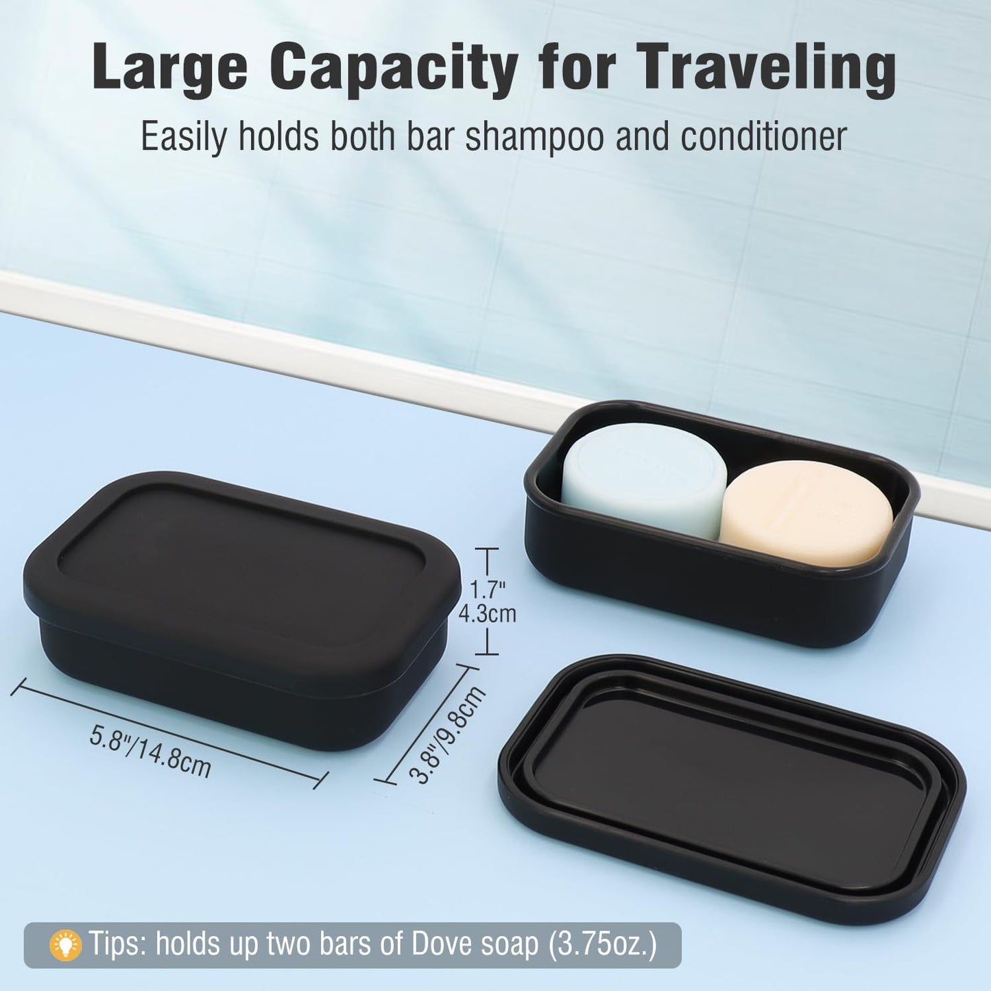 Enhanced Leak Proof Travel Soap Case, AIMAIAIMAI Silicone Soap Container with Draining Layer, Portable Bar Soap Holder for Bathroom, Camping, Gym, Easy to Clean (Black)