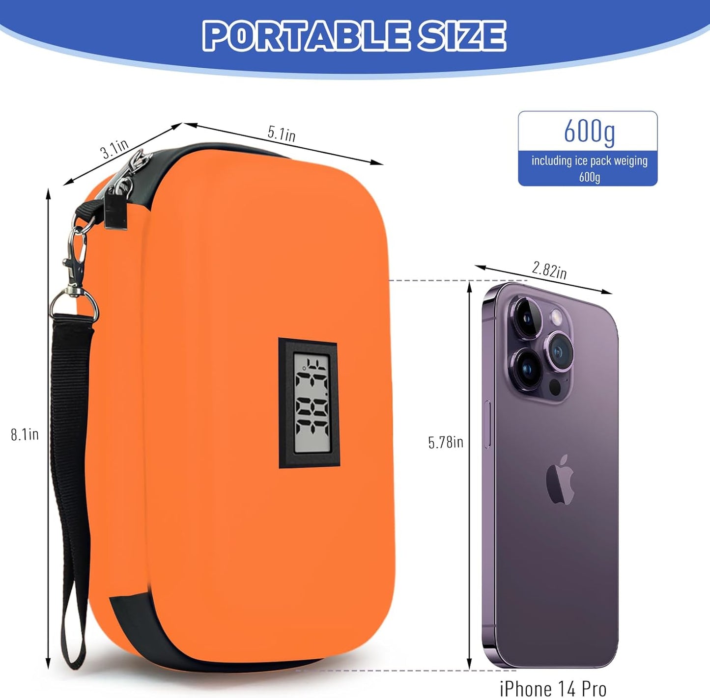 Insulin Cooler Travel Case, 2 × 180g TSA Approved Ice Packs, Refrigerated Medicine Case with Temperature Display (Orange)