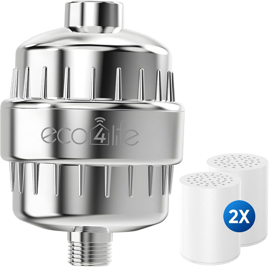 eco4life Shower Filter - 25 Stage Shower Head Filter for Hard Water, Removes 99% of Chlorine & Heavy Metal, Improves Skin & Hair, Built-In Turbine Fan, Fits Most Bathroom, Bathtub Showers (2 Filters)