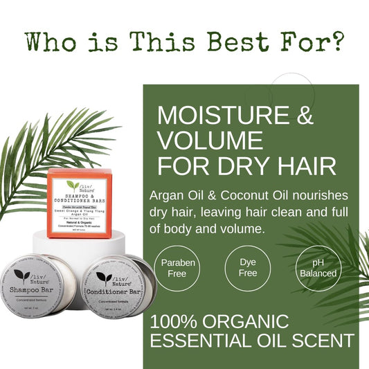 Shampoo Bar and Conditioner Set with Travel Case | Volume and Moisture for Dry Hair | Orange, Ylang Ylang, Argan Oil | Made in USA | 2-pk