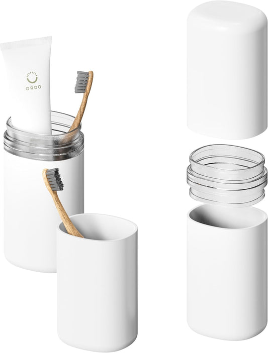 Baluca Travel Toothbrush Case, Portable Tooth Brush Holder and Toothpaste Cover Container with Mouthwash Cup, Compact Oral Clean Tools Organizer for Traveling/Camping/School/Home (White, Extra Large)