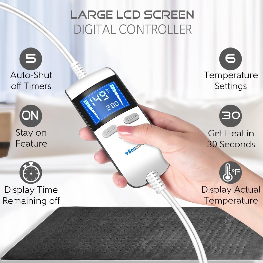Boncare® 17"x33" Extra Large Heating Pad for Back Pain Relief & Period Cramp Without Auto Shut Off & 5 Auto Shut-Off Timers, 6 Heat Levels 9 Hr Auto Off and 12.6ft Cord Bed Foot Warmer(Gray)