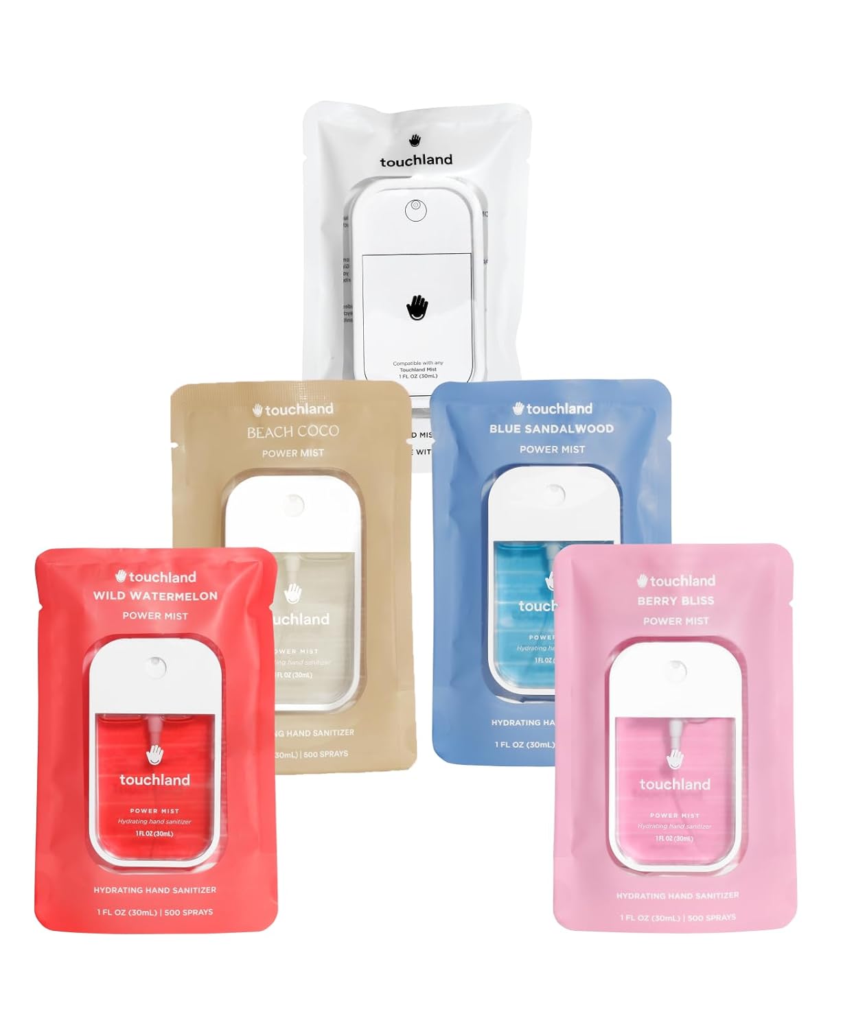 Touchland Hydrating Hand Sanitizer Spray Bundle, DREAM 5 Set (Watermelon, Berry, Beach Coco, Sandalwood Power Mists, Icy White Hand Mist Case), 1 FL. OZ. Travel Size