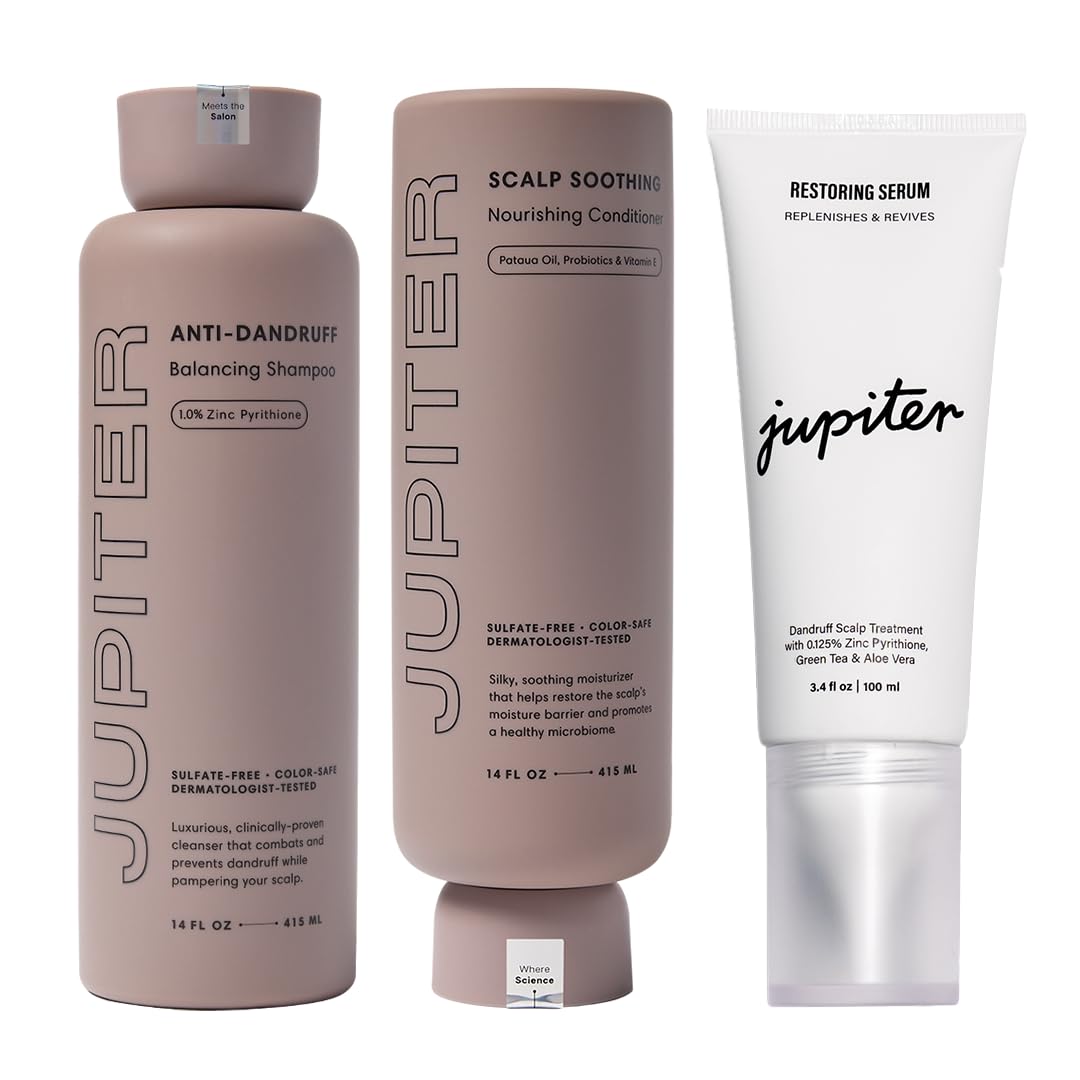 Jupiter Anti Dandruff Shampoo, Conditioner & Serum for Flaky, Itchy, Oily & Dry Scalp - Nourishes Scalp, Reduces Breakage & Flakes - Color-Safe, Sulfate-Free, Paraben-Free
