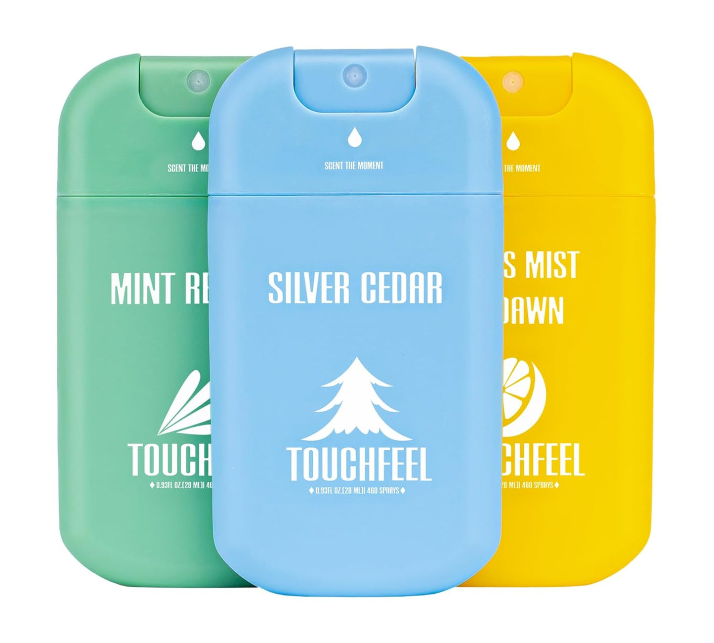 Spray Hand Sanitizer Travel Size Scented 3-Pack - Refillable Hydrating Hand Sanitizers Portable Design Travel Essentials (Mint Reverie, Silver Cedar, Citrus mist at dawn) 0.93Fl Oz Each