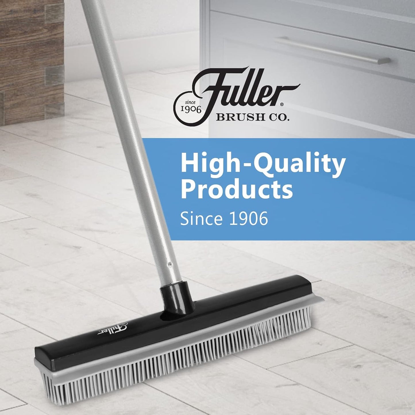 Fuller Brush Rubber Broom – for Carpets Floors Stairs Upholstery – Electrostatic Action Removes Pet Hair Lint Fuzz Dirt Particles – Built-in Squeegee Tackles Wet Messes (Broom Head)