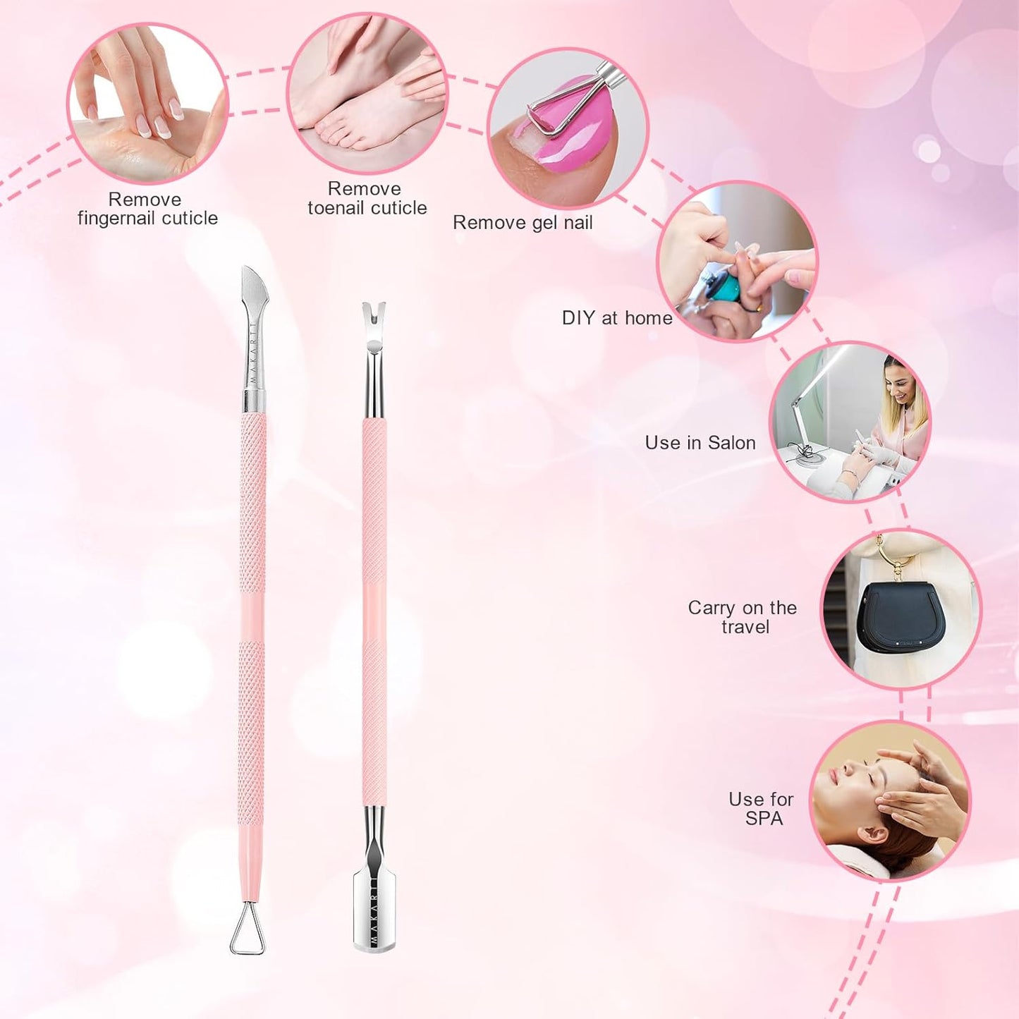 Makartt Cuticle Pushers, 2Pcs Stainless Steel Dual Ended Cuticle Remover with Spoon Pusher, Cutter, Scraper & Dead Skin Fork, Pink Manicure Pedicure Nail Care Kit