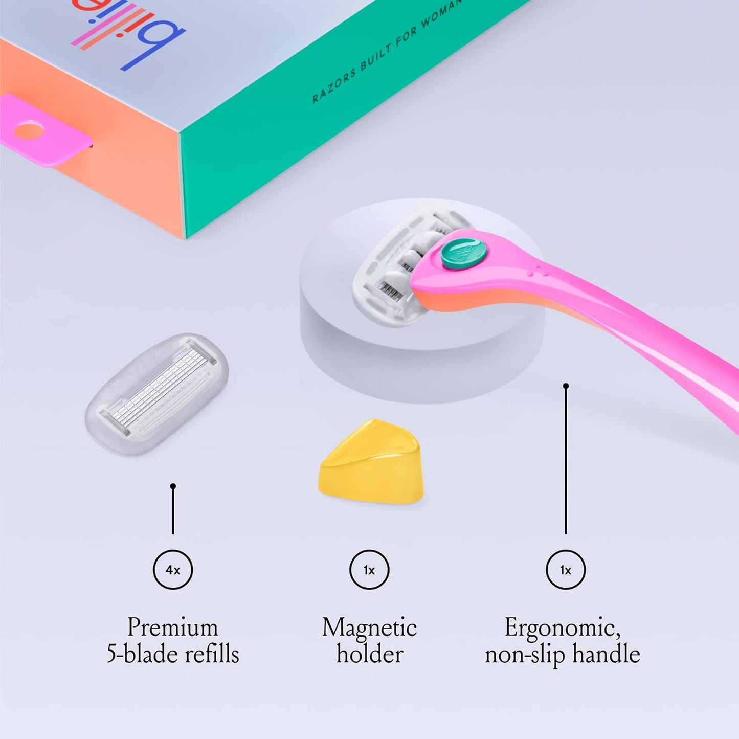 Billie Razors for Women Shave Kit – Women’s Razor + 4 x 5-Blade Razor Refills + Magnetic Holder – Malibu