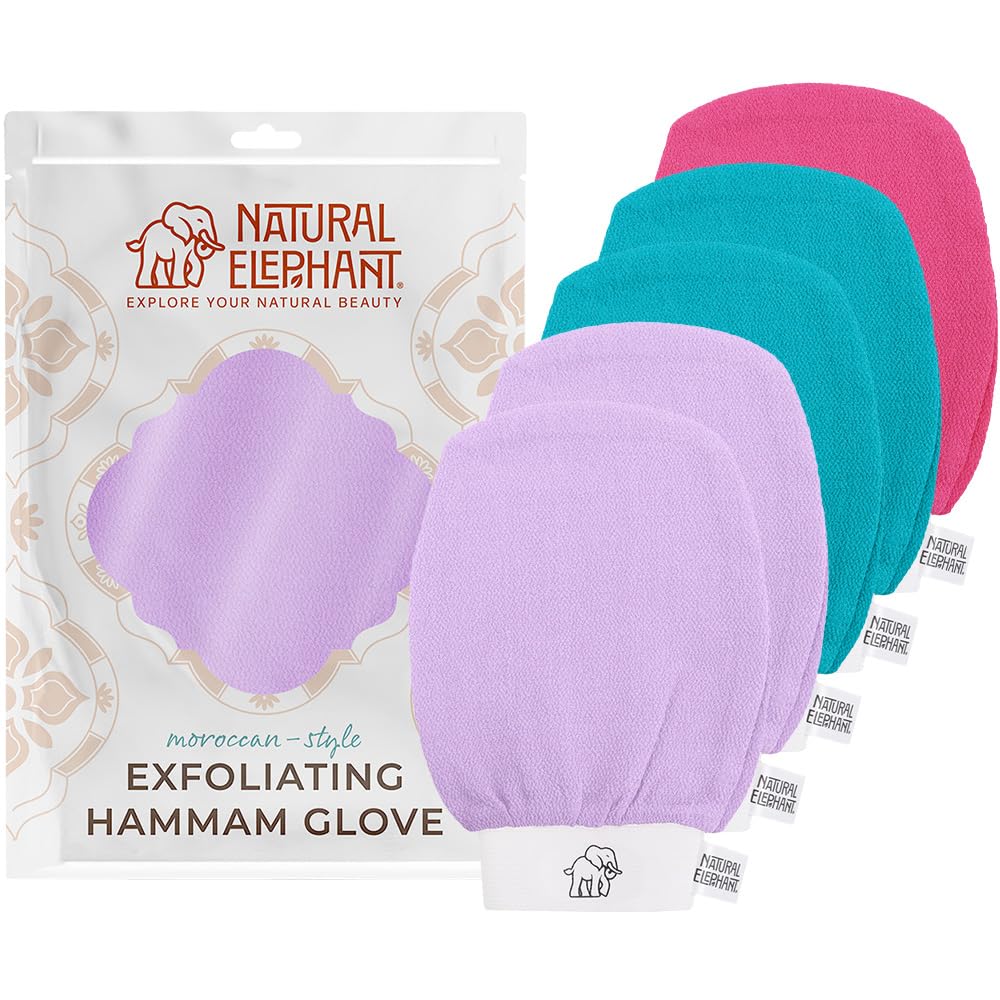 Natural Elephant Exfoliating Hammam Glove - Face and Body Exfoliator Mitt 5 and 10 Packs (2 Teal, 2 Lilac, 1 Pink (Pack of 5))