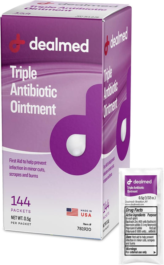 Dealmed Triple Antibiotic Ointment – Made in The USA, Single-Use Packets for Instant Relief from Cuts, Scrapes and Burns, 144 Packets/Box (.5g) - Pack of 1