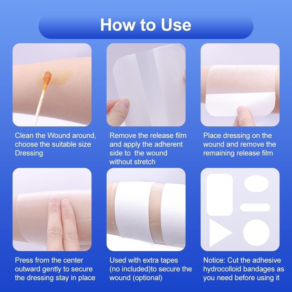10 Count Hydrocolloid Bandages Large, 2" x 4" Hydrocolloid Wound Dressing Extra Thin for Light Exudate, Hydrocolloid Gel Bandages Fast Healing