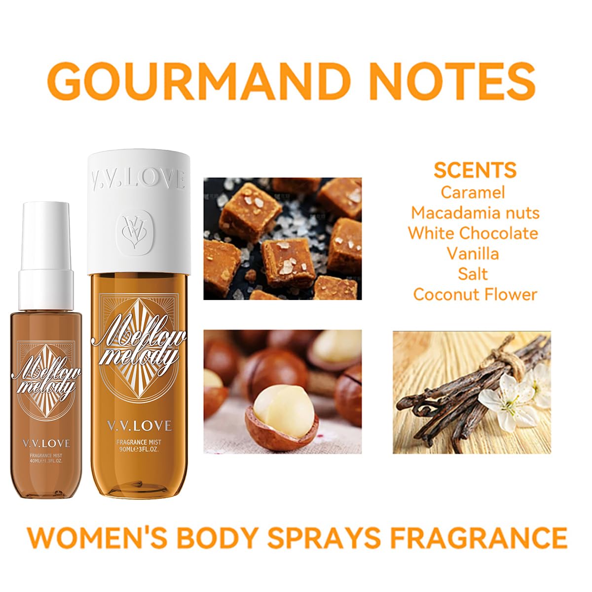 Hongsheng 2 PCS Women's Body Mist and Hair Fragrance Travel Set, 3 Fl Oz + 1.3 Fl Oz Spray, Sweet Scented Perfume Gift Set for Women (Caramel Macadamianuts)