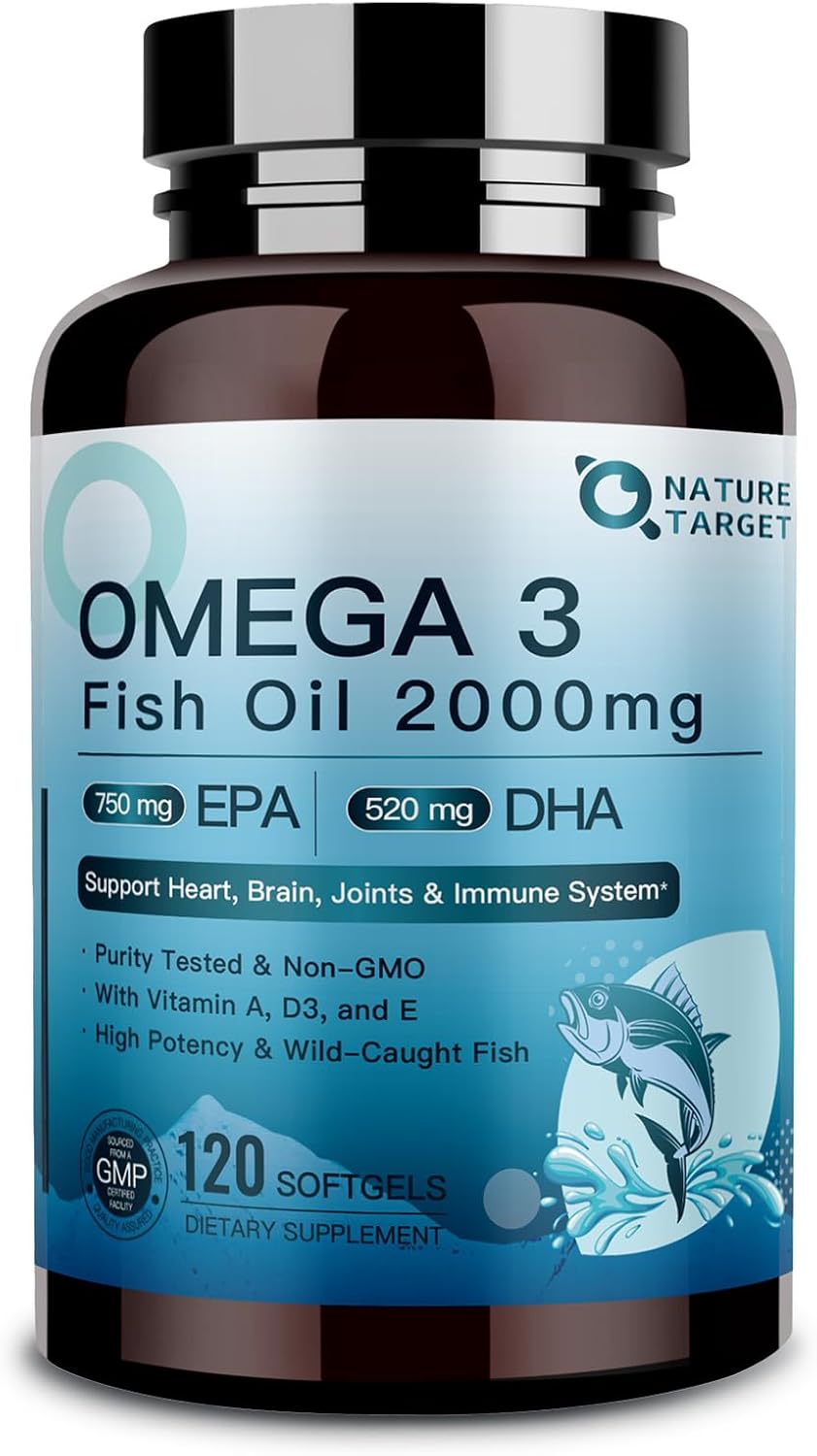 NATURE TARGET Omega 3 Fish Oil 2000mg Softgels with Vitamin D3 & E & A - EPA & DHA- Max-Absorption, Supports Heart, Brain & Immune Health, Non-GMO, 120 Softgels