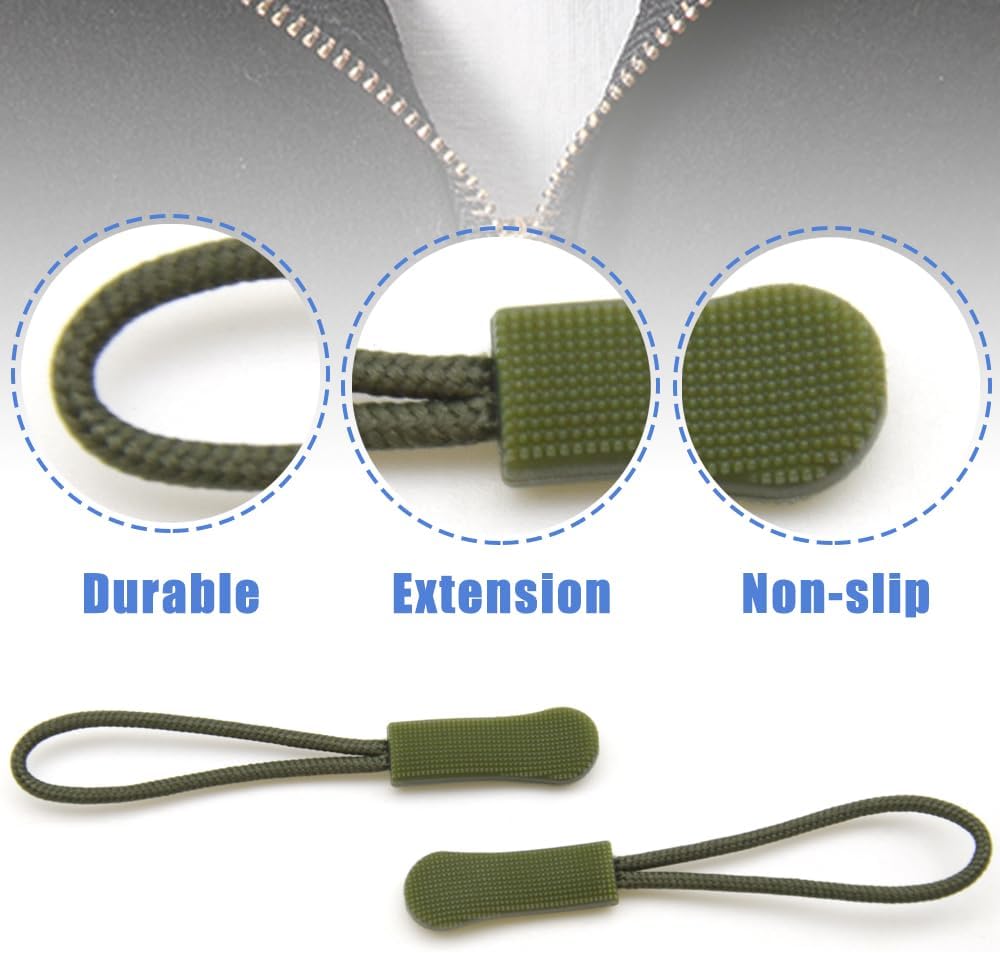 Ruidee 50 Pieces Zipper Pulls Zipper Tabs Zipper Pull Cord Extender Replacement Zipper Pulls for Backpacks, Jackets, Luggage, Purses, Handbags(Military Green)