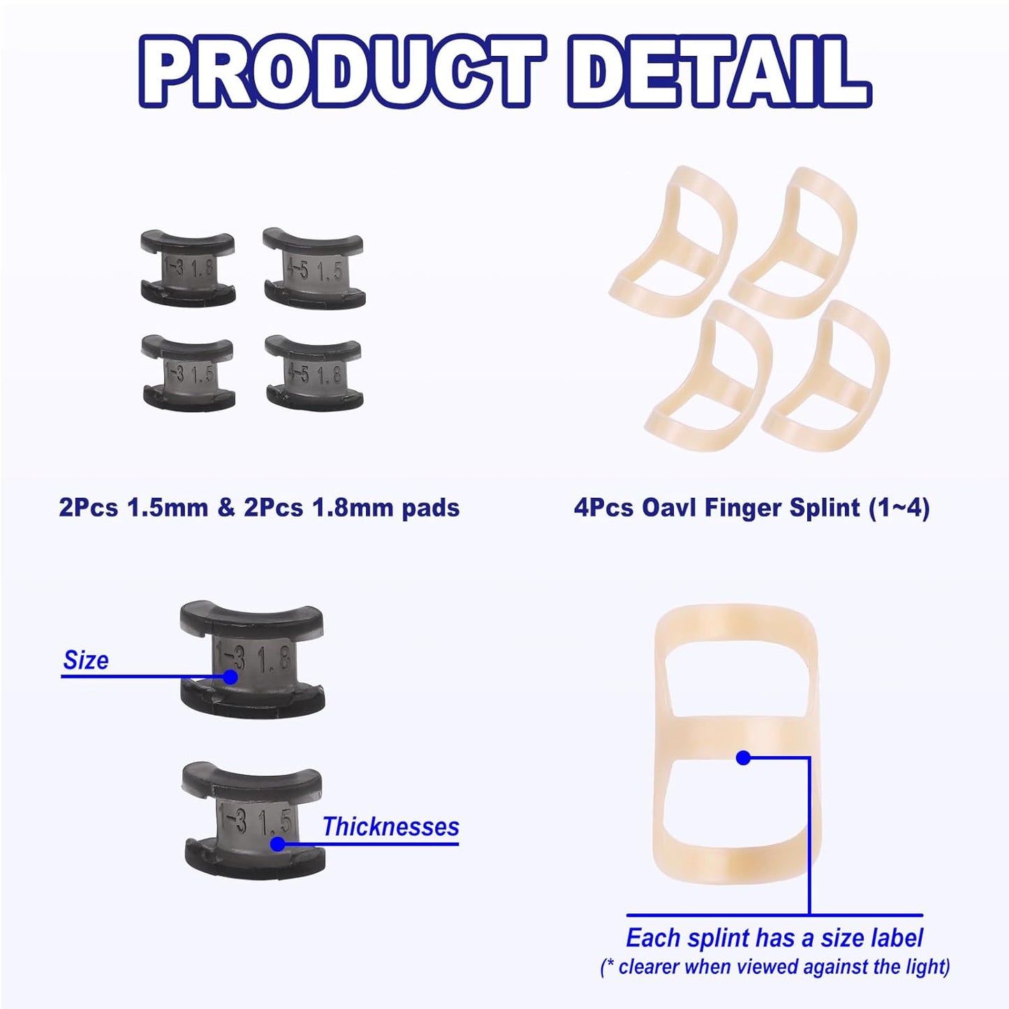 8Pcs Oval Finger Splints & Click-Lock Adjustment Kit, 4 Graduated Finger Ring Splint & 4 Splint Adjustment, Finger Braces for Arthritis, Mallet, Straightening, Support (Size 1-4)