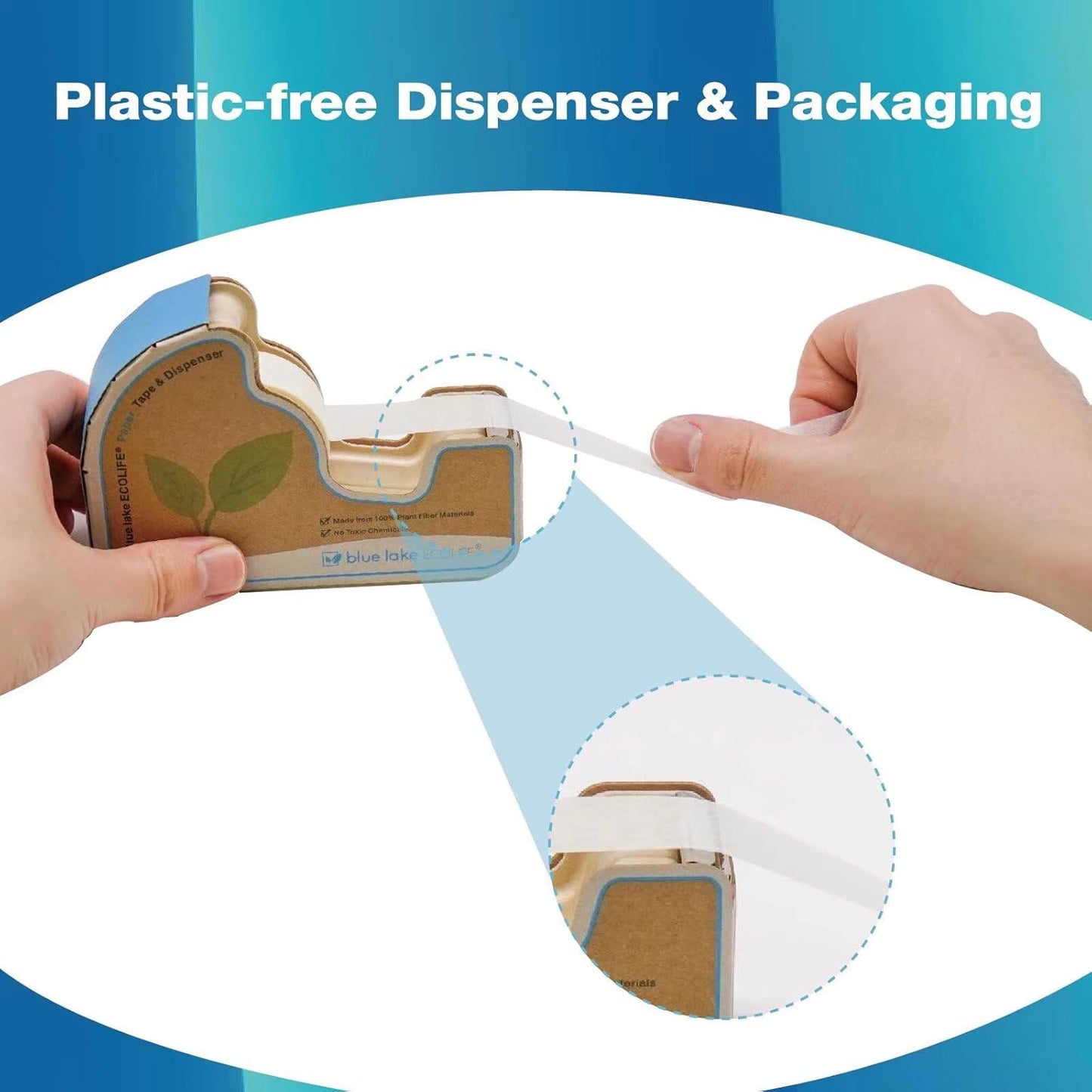 Blue Lake ECOLIFE Masking Tape Dispenser,Plastic-Free Masking Tape Dispenser with 4 Rolls 3/4 in x 550 in Paper Tape, Label Tape Dispenser Desk for Masking, Labeling, Office Home School