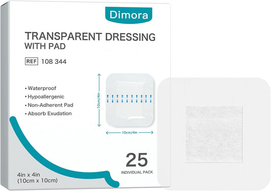 Dimora Waterproof Adhesive Bandages with Pad, Transparent Film Dressing 4x4 inch 25 Packs, Clear Bandage Tape for Wound Care, Fragile Skin and Swimming,IV Shield, Tattoo Aftercare