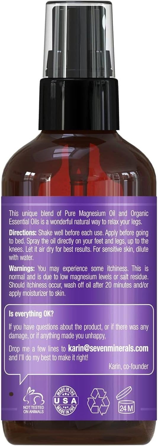 Seven Minerals Relaxing Leg Magnesium Spray, Powerful Blend of Essential Oils (Orange, Cedarwood, & Lavender), That Calms Legs Naturally. 4 fl oz,