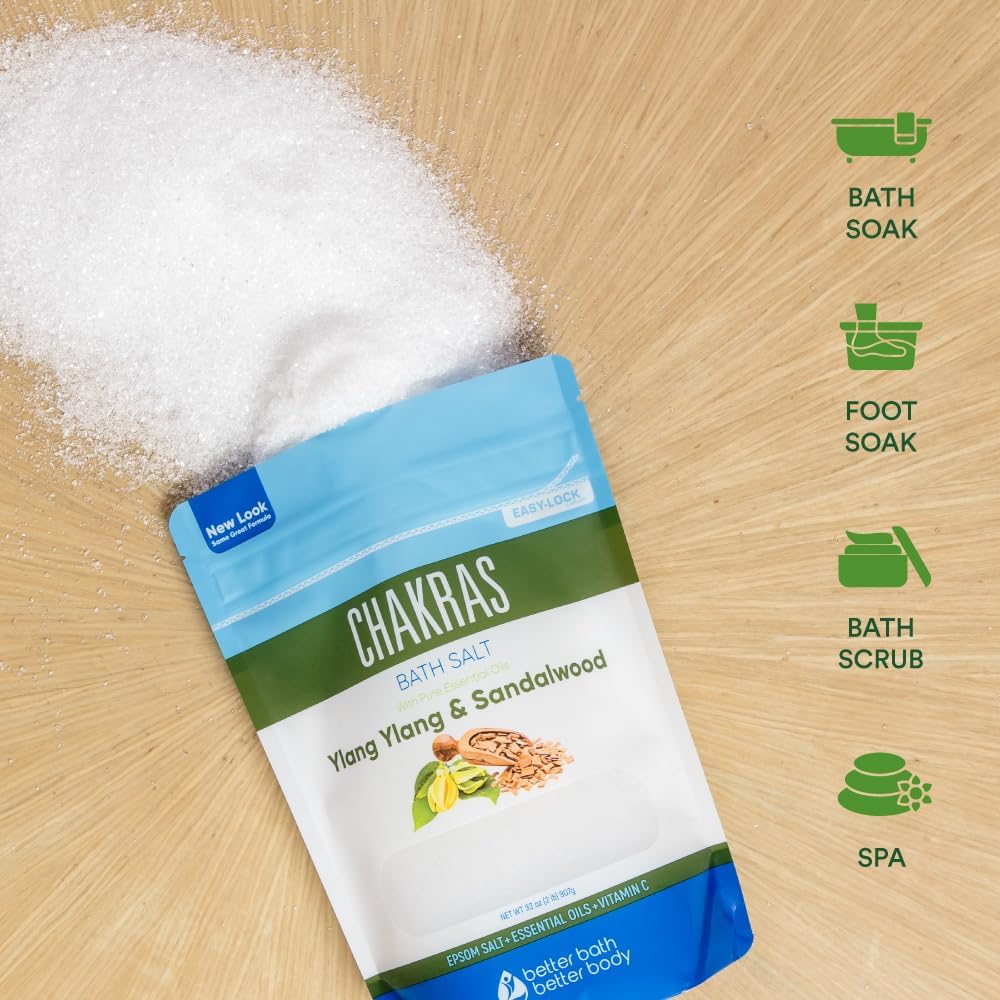 Chakras Bath Salt 32 Ounces Epsom Salt with Natural Ylang Ylang, Sandalwood, Eucalyptus, Frankincense, Chamomile and Cinnamon Essential Oils Plus Vitamin C in BPA Free Pouch with Easy Press-Lock Seal